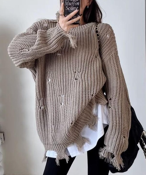 GEMEDA ニット セーター ダメージ加工ニットプルオーバー レディース