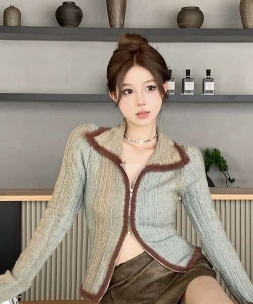 DIAVEL カーディガン ダブルZIP/グラデーションレトロカラーブロック