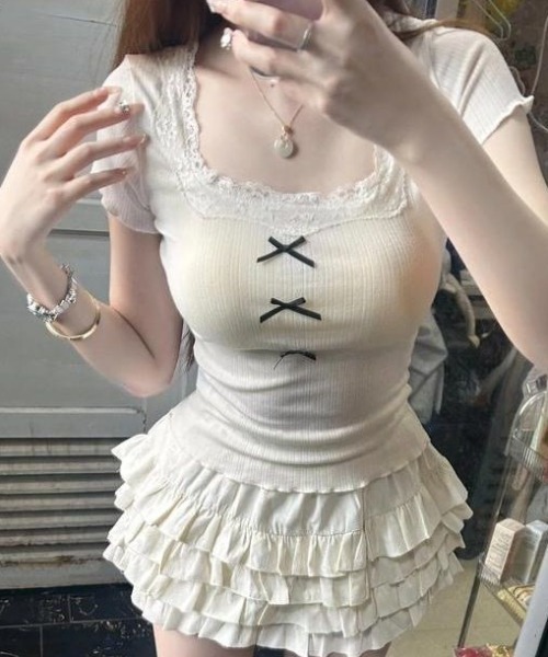 Mejoul tシャツ スクエアネック レースリボンピチT レディース