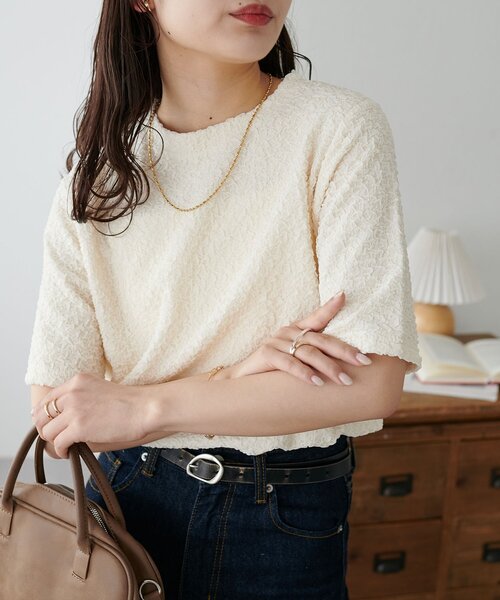 tシャツ レースジャガードプルオーバー レディース MONO-MART ブラウス シャツ シアーレースジャガード ルーズ