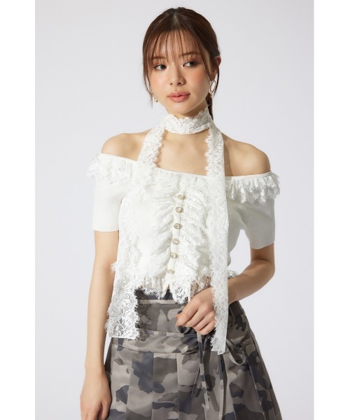 rienda リエンダ　レースコンビリブニットトップス 夏服 半袖 サマーニット セール】レースコンビリブニットトップス 夏服 半袖 サマー