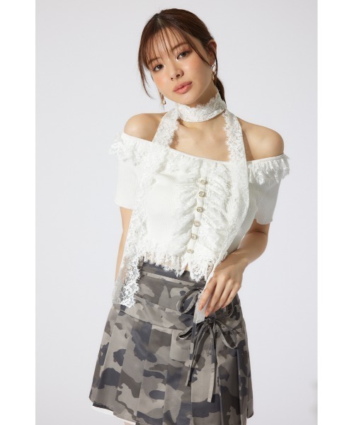 rienda リエンダ　レースコンビリブニットトップス 夏服 半袖 サマーニット セール】レースコンビリブニットトップス 夏服 半袖 サマー
