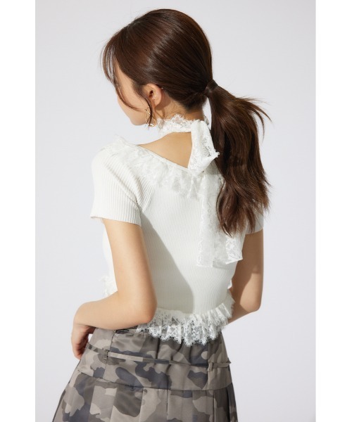rienda リエンダ　レースコンビリブニットトップス 夏服 半袖 サマーニット rienda ニット セーター レースコンビリブニットトップス 夏服