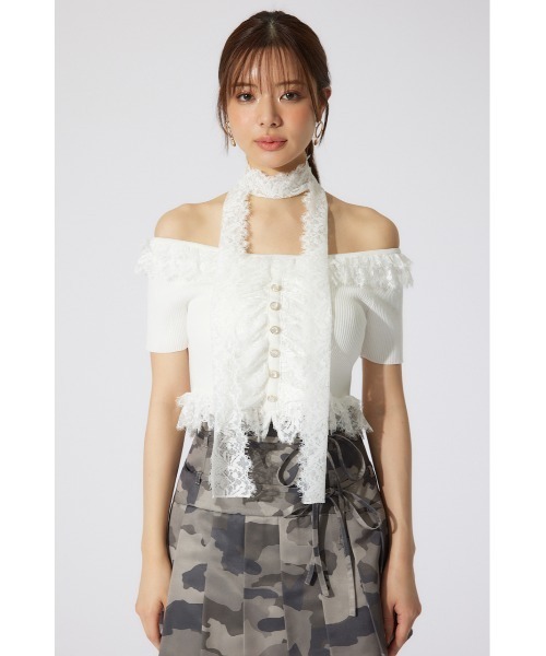 rienda リエンダ　レースコンビリブニットトップス 夏服 半袖 サマーニット セール】レースコンビリブニットトップス 夏服 半袖 サマー