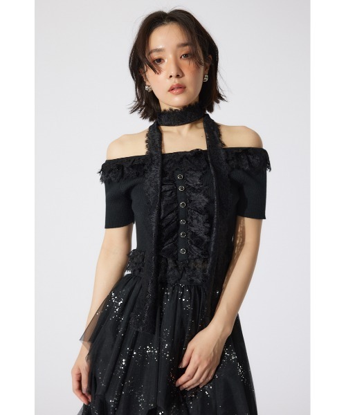 rienda リエンダ　レースコンビリブニットトップス 夏服 半袖 サマーニット rienda ニット セーター レースコンビリブニットトップス 夏服