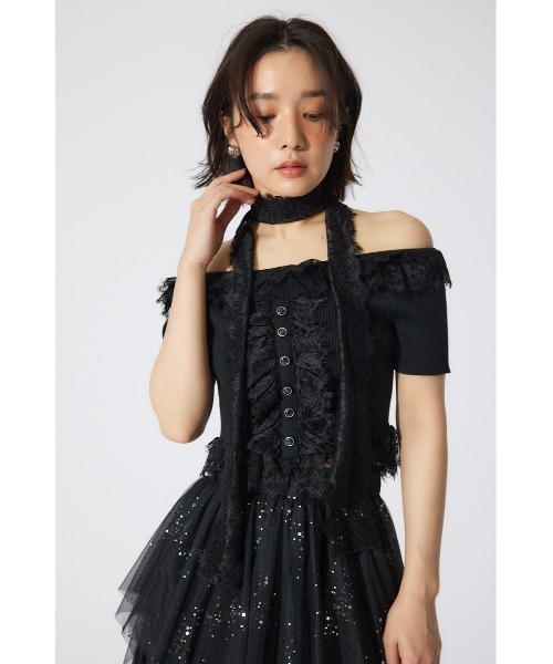 rienda リエンダ　レースコンビリブニットトップス 夏服 半袖 サマーニット セール】レースコンビリブニットトップス 夏服 半袖 サマー