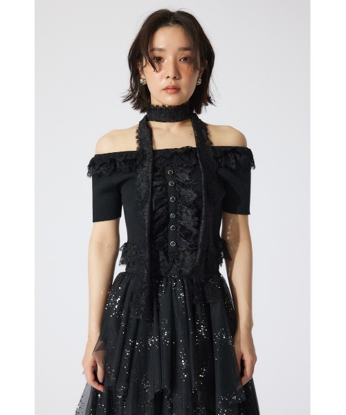 rienda リエンダ　レースコンビリブニットトップス 夏服 半袖 サマーニット セール】レースコンビリブニットトップス 夏服 半袖 サマー