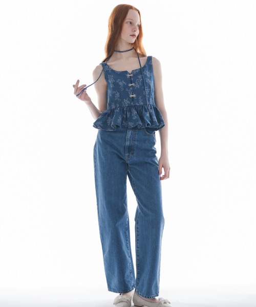 フラワープリントデニムビスチェ サイズ1 キャミソール flower jacquard denim bustier／花柄ジャガード