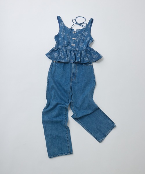 フラワープリントデニムビスチェ サイズ1 キャミソール flower jacquard denim bustier／花柄ジャガード