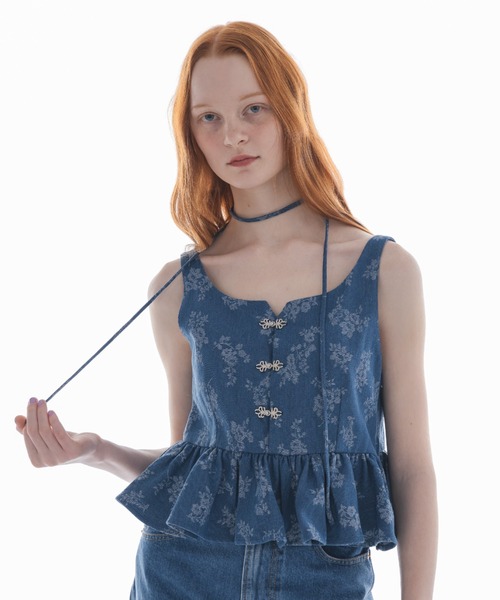 フラワープリントデニムビスチェ サイズ1 キャミソール flower jacquard denim bustier／花柄ジャガード
