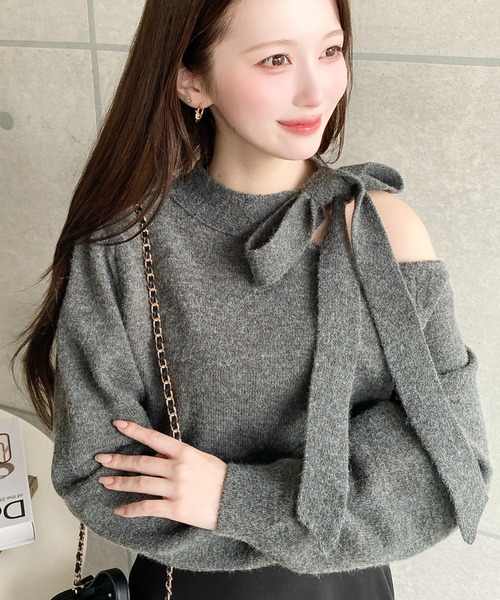 moment+ ニット セーター ボウタイリボンワンショルニットプルオーバー