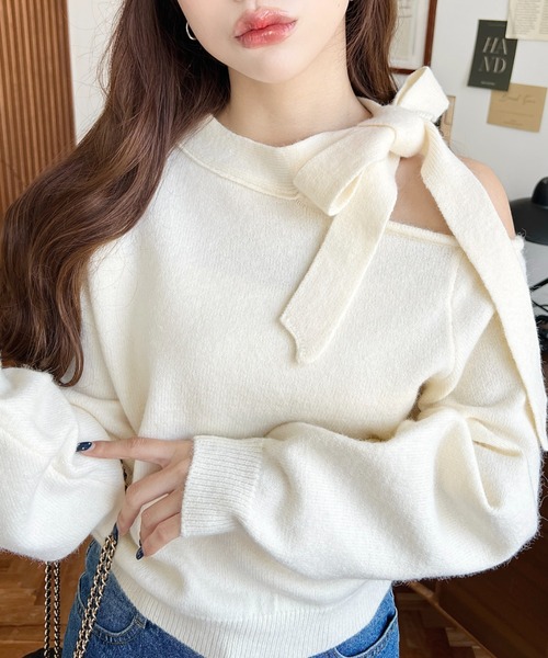 moment+ ニット セーター ボウタイリボンワンショルニットプルオーバー