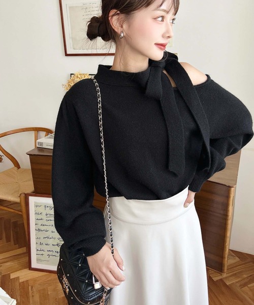 moment+ ニット セーター ボウタイリボンワンショルニットプルオーバー