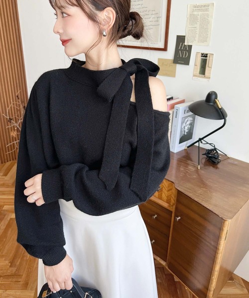 moment+ ニット セーター ボウタイリボンワンショルニットプルオーバー