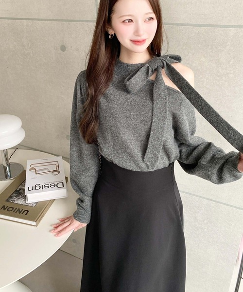 moment+ ニット セーター ボウタイリボンワンショルニットプルオーバー