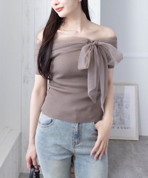 ニット セーター チュールリボンニットTOP レディース clear ニット セーター チュールリボンデザインニットトップス