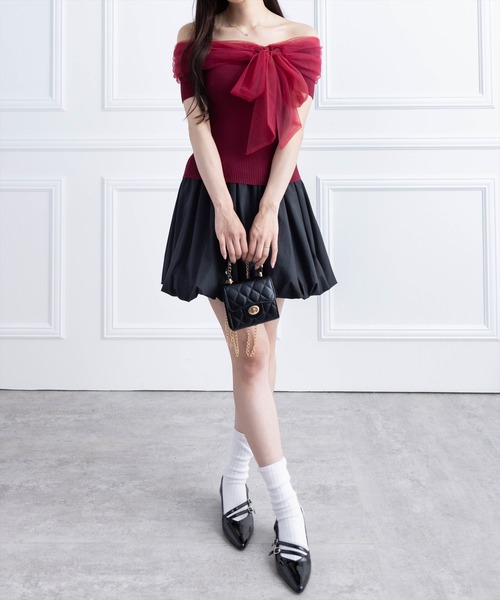 ニット セーター チュールリボンニットTOP レディース clear ニット セーター チュールリボンデザインニットトップス