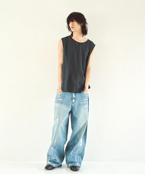 Camphor wood デニム Camphor wood ジーンズ wide baggy spray processing denim