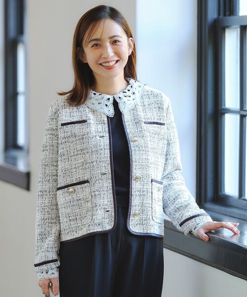 極美品 Rene ツイードジャケット フレアスリーブ ネイビー TISSUE ANY SIS（エニィスィス） ジャケット ノーカラージャケット ネップ