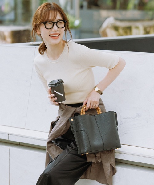 E'POR 黒レザーバンブーハンドルトートバッグ ROPE'（ロペ） ハンドバッグ 「E'POR」BAMBOO BAG Medium/軽量・通勤