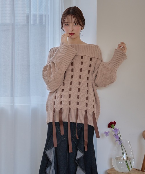 mideal（マイディール） ニット セーター ribbon stitch off shoulder