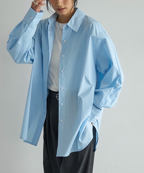 極美品✨23区✨ブルーストライプシャツ✨2XL44✨プルオーバーサイズ✨ゆったり meilmada ブラウス シャツ ストライプオーバーサイズシャツ レディース