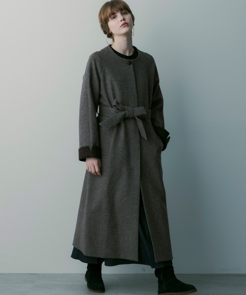SERENO ノーカラーコート コート ヘリンボーンウールロングコート SERENO ノーカラーコート コート ヘリンボーンウールロングコート