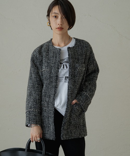 「LOUNGEDRESS」 ツイードジャケット FREE ブラック レディース_画像2