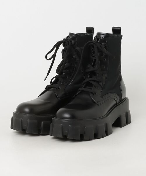 PRADA プラダ モノリス ブーツ 厚底 ナイロン レザー ポーチ付 7 黒 PRADA（プラダ） モノリス ポーチ付 ブーツ 37.5 ブラック レディース
