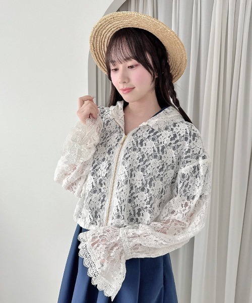 16handmade☆レースパーカー 縁ネイビー Sサイズ☆2キロ前後フーディ F