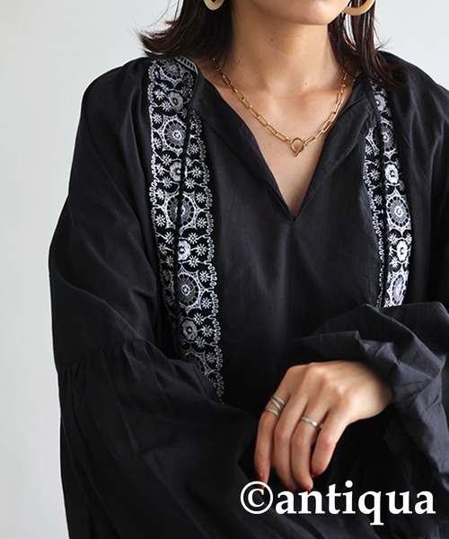 antiqua ブラウス シャツ インド綿100%ギャザー刺繍ブラウス