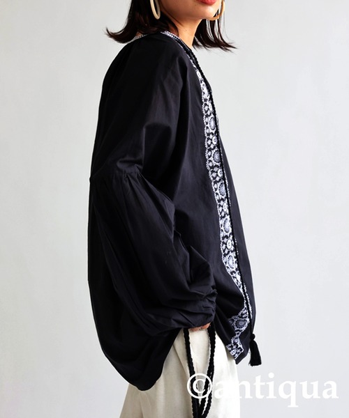 antiqua ブラウス シャツ インド綿100%ギャザー刺繍ブラウス