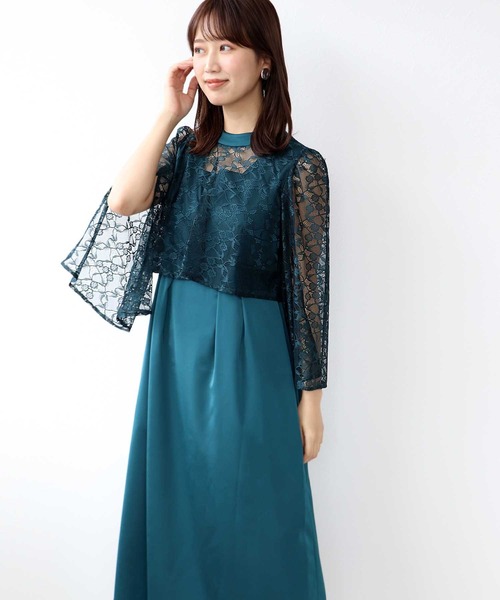 Jines（ジネス） ドレス レースケープ風×マットサテンワンピース