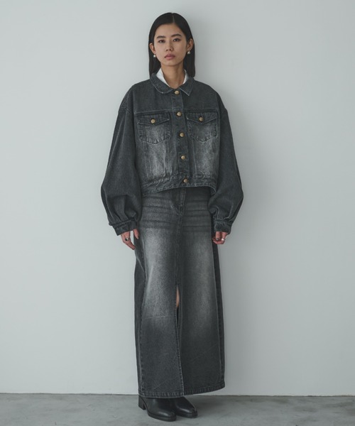 ブラックデニムジャケット パフスリーブ AIC. デニムジャケット gジャン ボリュームスリーブブラックデニム