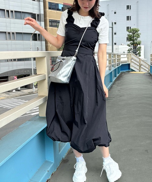 ワンピース 夏 「バルーン裾×肩フリル」レディース キャミワンピース