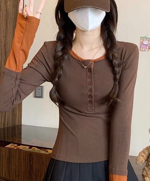 GEMEDA tシャツ ヘンリーネックバイカラートップス レディース