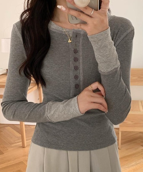 GEMEDA tシャツ ヘンリーネックバイカラートップス レディース