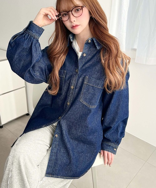 moment+ ブラウス シャツ ライトオンスデニムWポケット長袖オーバー