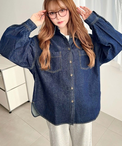 moment+ ブラウス シャツ ライトオンスデニムWポケット長袖オーバー