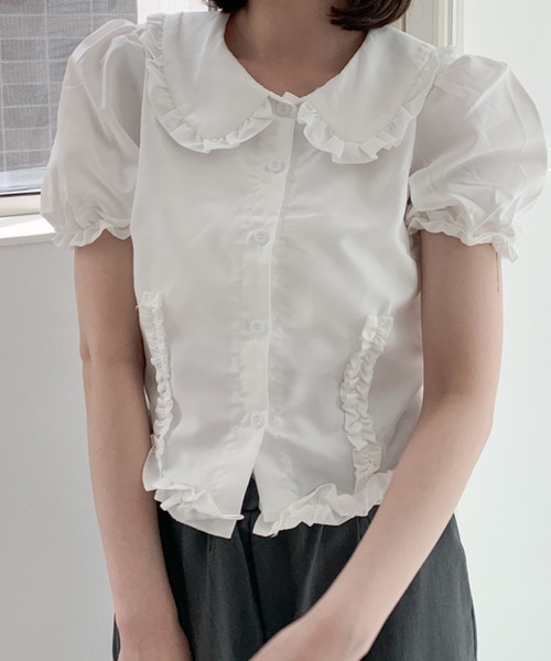 Mejoul ブラウス シャツ 半袖フリルショートパフスリーブブラウス