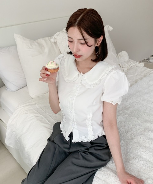 Mejoul ブラウス シャツ 半袖フリルショートパフスリーブブラウス