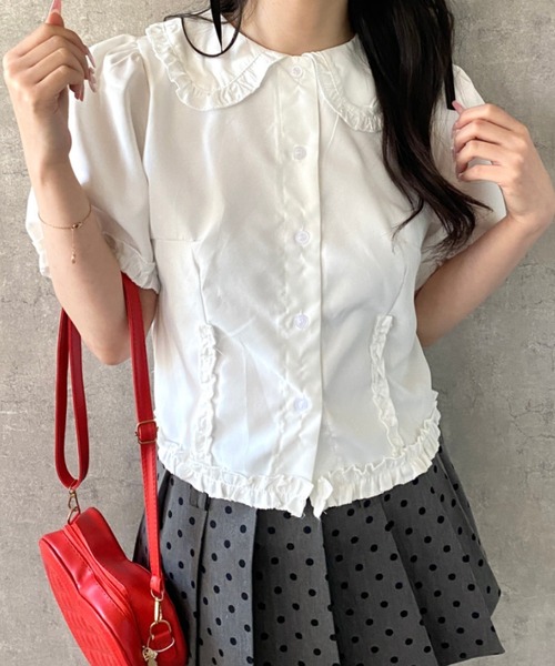 Mejoul ブラウス シャツ 半袖 半袖フリルショートパフスリーブブラウス