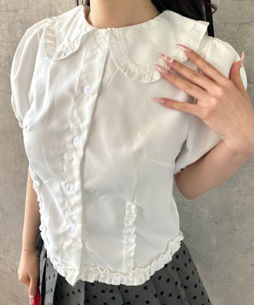 Mejoul ブラウス シャツ 半袖フリルショートパフスリーブブラウス