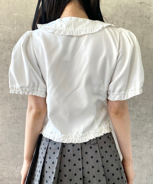 おかめさま美品✨Drawerストライプ ショートスリーブ ブラウス パフスリーブ Mejoul ブラウス シャツ 半袖フリルショートパフスリーブブラウス