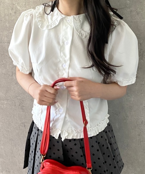 Mejoul ブラウス シャツ 半袖フリルショートパフスリーブブラウス