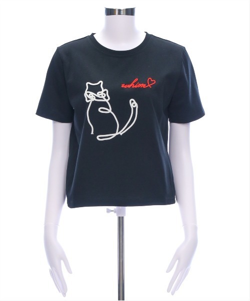 ロゴ入り & カットオフ ルーズTシャツ★かわいい 大人カジュアル CLEAR BASIC tシャツ コード刺繍猫Tシャツ「大人 カジュアル