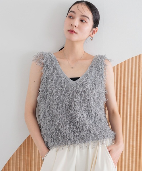 LOWRYS FARM ベスト ジレ フリンジニットベスト 498176