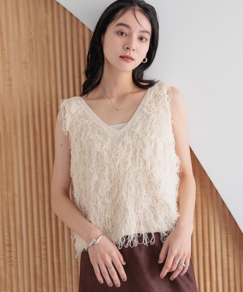 LOWRYS FARM ベスト ジレ フリンジニットベスト 498176
