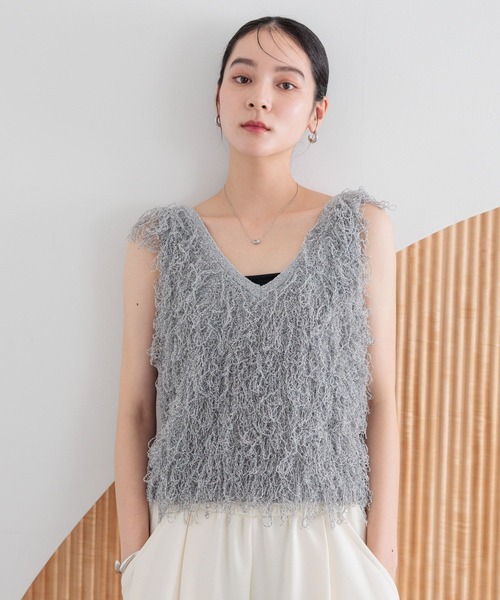 LOWRYS FARM ベスト ジレ フリンジニットベスト 498176
