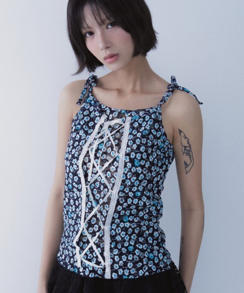 タンクトップ ノースリーブ A'GEM/9 × .kom 「SETSETSET/セットセットセット」SARA LACE UP SLEEVELESS/サ